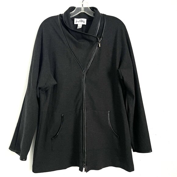 Joseph Ribkoff Size 8 Grey Jacket Asymmetrical Zip Collar Pockets Leather Trim - Picture 1 of 7